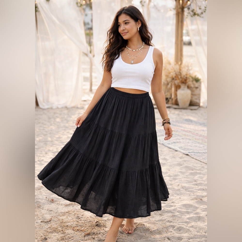 Velvet Graham Spencer Tiered Maxi Pull On Skirt Size M Boho Flowy Casual Chic